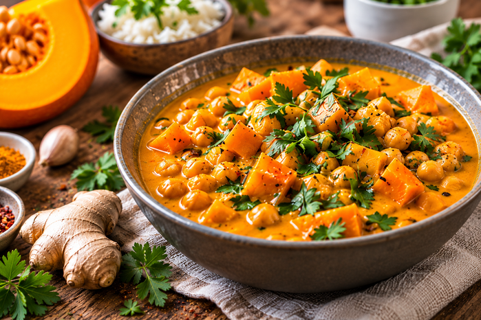 Cremiges Kürbis-Curry mit Kokosmilch und Kichererbsen