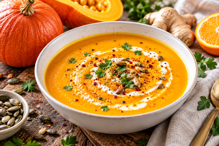 Cremige Kürbissuppe mit Hokkaido, Kokosmilch, Ingwer und Orange
