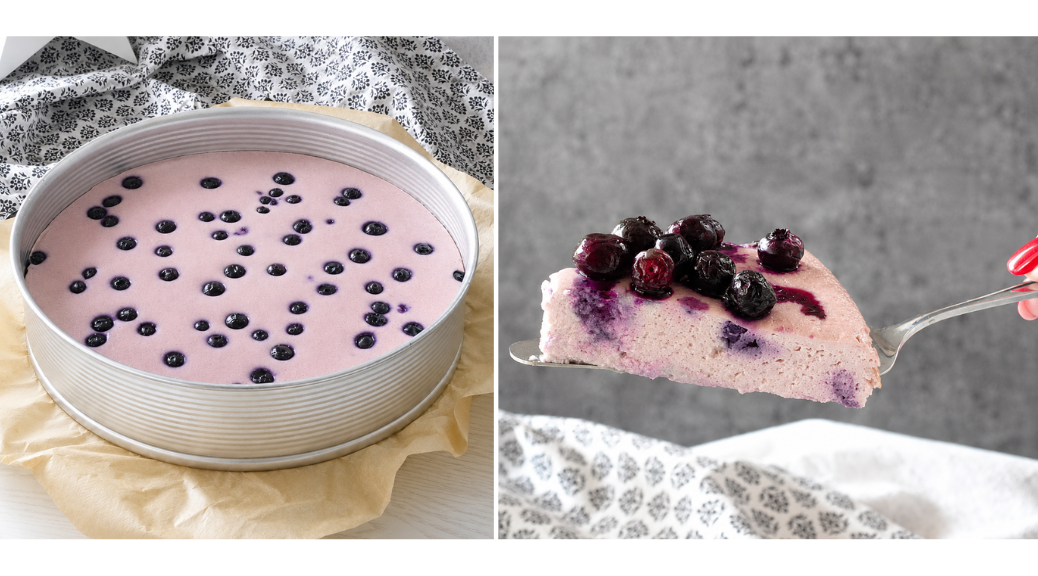 Cremiger Skyrkuchen mit Heidelbeeren ohne Boden in einer Springform und angeschnitten