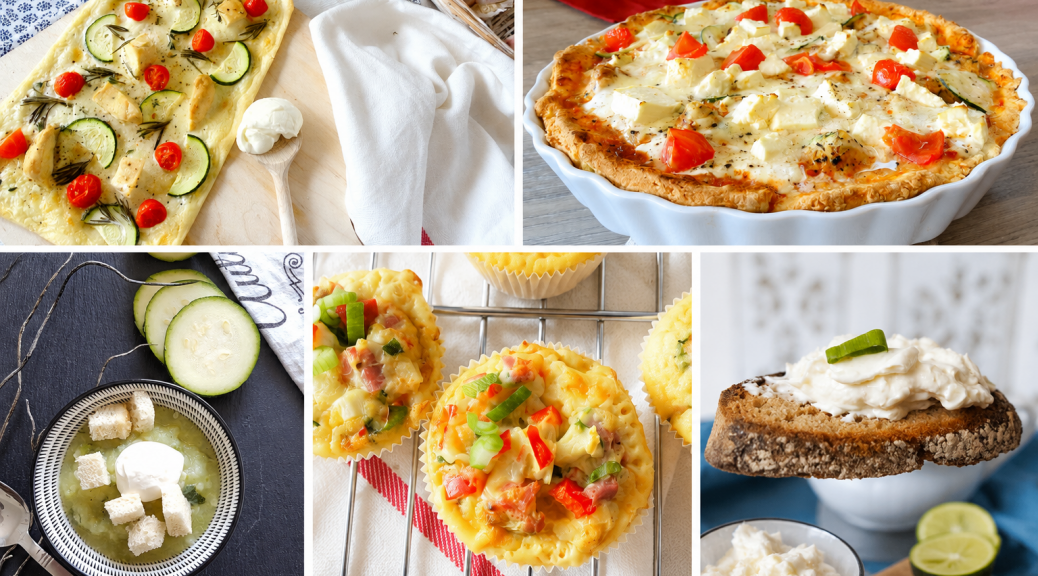 Fünf einfache Zucchini-Rezepte mit Zucchini-Muffins, Quiche, Suppe, Dip und Flammkuchen