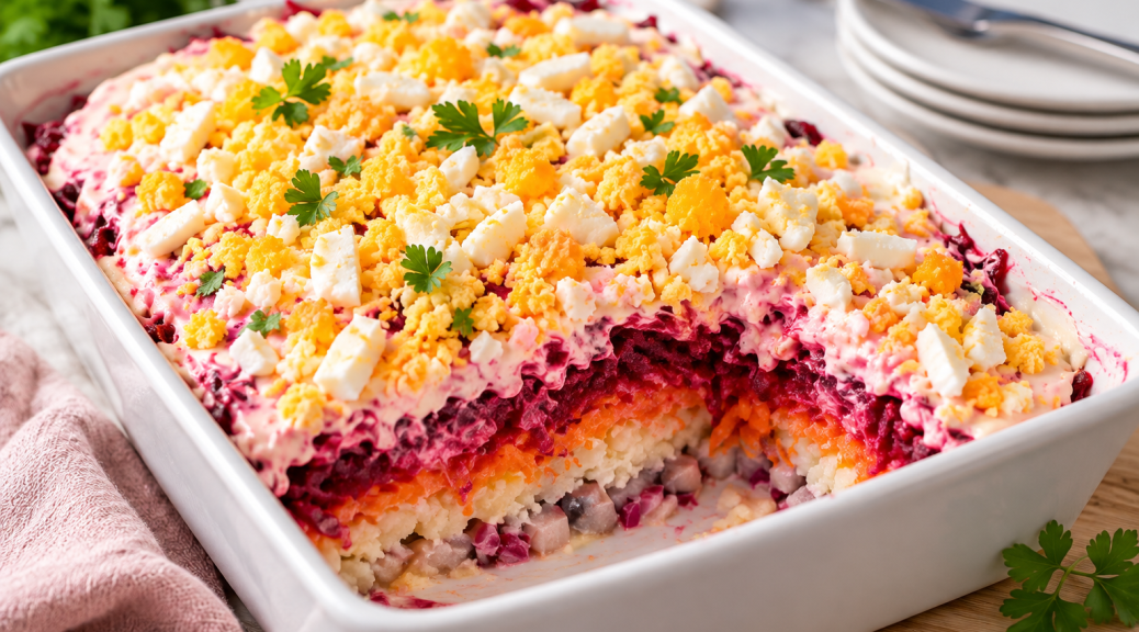Russischer Schuba-Salat mit geraspelten gekochten Eiern auf einer cremigen Mayonnaise-Schicht.