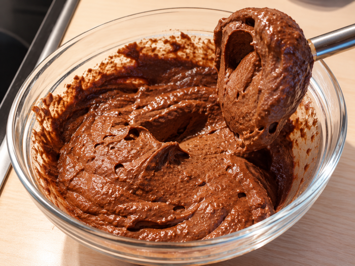 Frisch pürierter Avocado-Schokopudding mit Kakao und Banane in einer Glasschüssel.