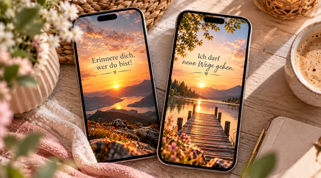Zwei Smartphones auf einem Holztisch mit kostenlosen Handyhintergründen und den Affirmationen „Erinnere dich, wer du bist!“ und „Ich darf neue Wege gehen“.