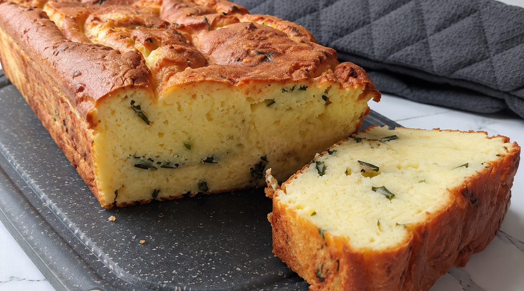 Selbst gebackenes Proteinbrot ohne Mehl mit Kartoffeln, Quark und Schnittlauch, frisch angeschnitten