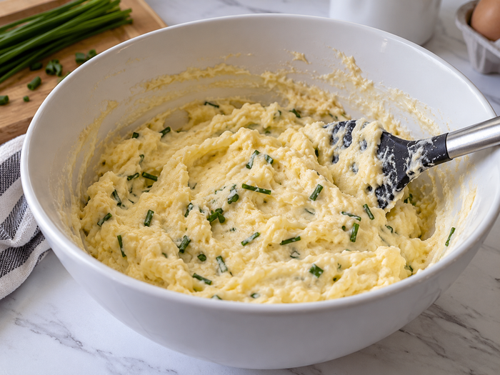 Kartoffel-Quark-Teig mit Schnittlauch in einer Rührschüssel vor dem Backen